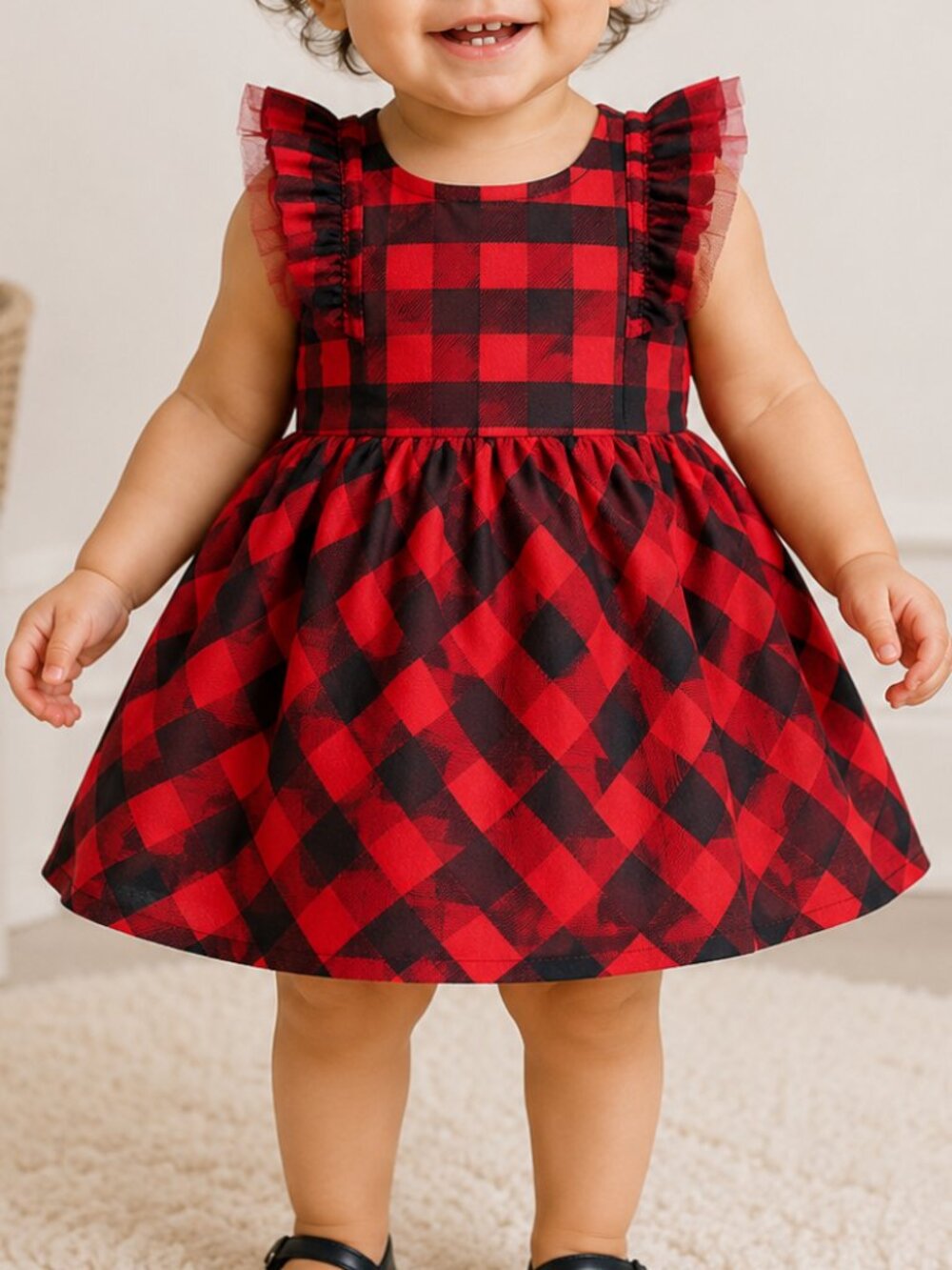 Cat & Jack Girls Kids Red Black Checkered Holiday Dress 3M-6M